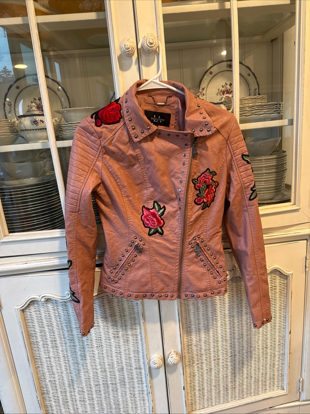 LA Coalition Women's XS Pink Floral Embroidered Studded Full Zip Moto Jacket